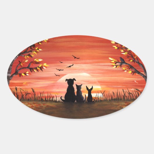 Herfst Zonsondergang Honden en Kat Huisdieren Ovale Sticker (Voorkant)