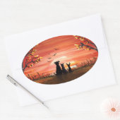 Herfst Zonsondergang Honden en Kat Huisdieren Ovale Sticker (Envelop)