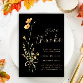 Herfst Zwart Bloemen Thanksgiving Diner Kaart