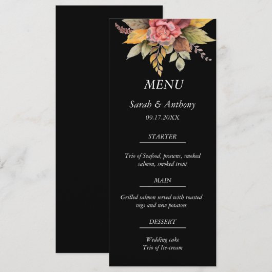 Herfst Zwart Herfst Bloemen Herfst Bruiloft Eten Menu (Voorkant / Achterkant)