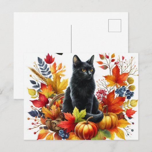 Herfst Zwarte Kat en Seizoensgebonden Bladeren Bri Briefkaart (Voorkant / Achterkant)