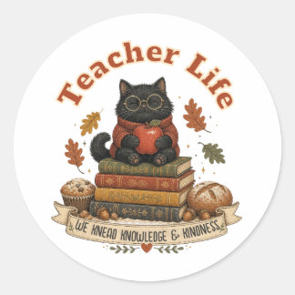 Herfst Zwarte Kat Leraar Leven Klaslokaal Aangepas Ronde Sticker