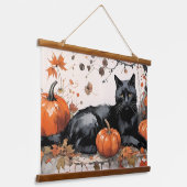 Herfst zwarte kat met pompoenen hangend wandkleed (Gebogen)