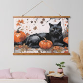 Herfst zwarte kat met pompoenen hangend wandkleed (Slaapkamer)