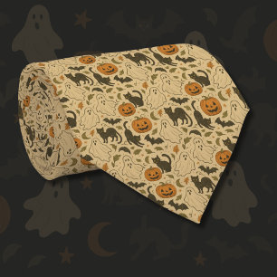 Herfst Zwarte Katten & Pompoenen Halloween Stropdas