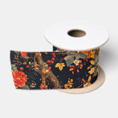 Herfst Zwarte Sinaasappelblad Chinoiserie Satijnen Lint (Spoel)