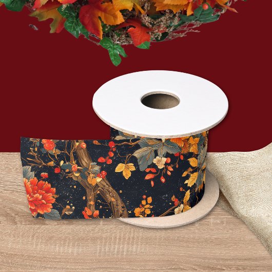 Herfst Zwarte Sinaasappelblad Chinoiserie Satijnen Lint
