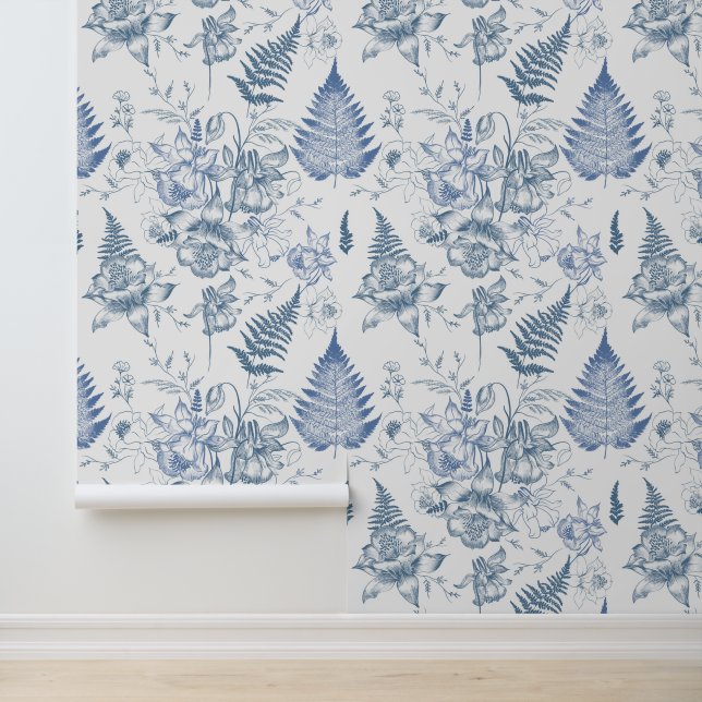 Herfstadem Luxe Blauwe Bloem Naadloos Patroon Behang (Applicatie)