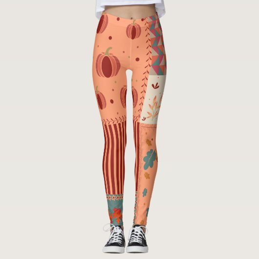 Herfstblad Eikel Patchwork Patroon Kunst Leggings (Voorkant)
