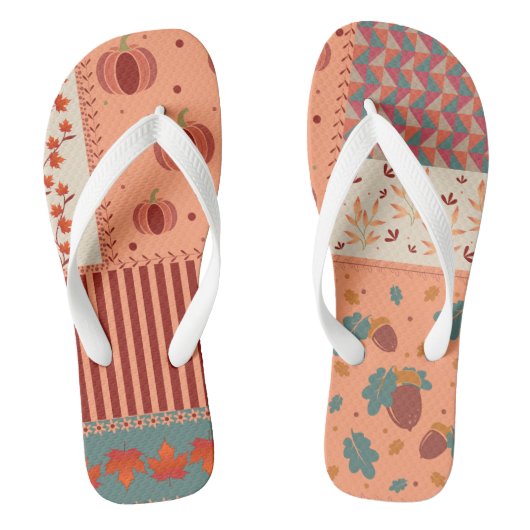 Herfstblad Eikel Patchwork Patroon Kunst Teenslippers (Voetbed)