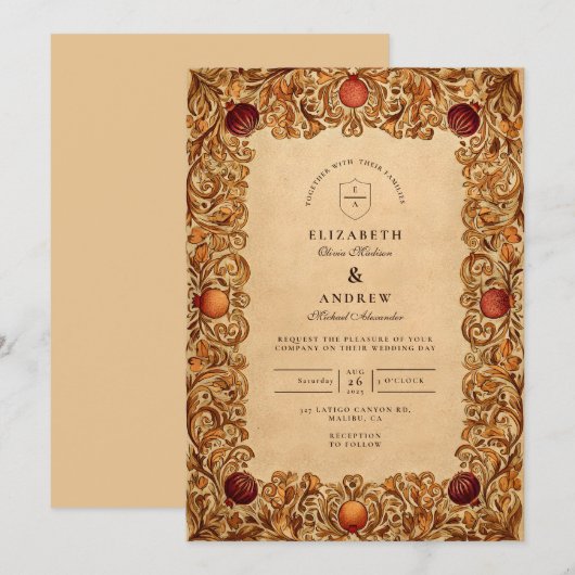 Herfstblad granaatappel bruiloft kaart (Voorkant / Achterkant)