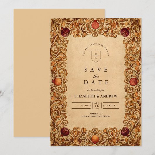 Herfstblad granaatappel bruiloft save the date (Voorkant / Achterkant)