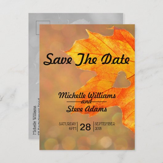 Herfstblad met hart Save the Date Aankondigingskaart (Voorkant / Achterkant)