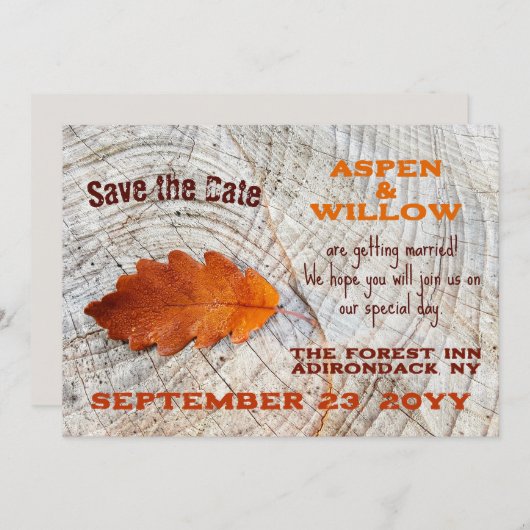 Herfstblad Rustiek Hout Flat Save The Date Kaart (Voorkant / Achterkant)