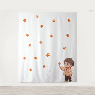 Herfstblad vastgehouden door een schattig jongetje wandkleed