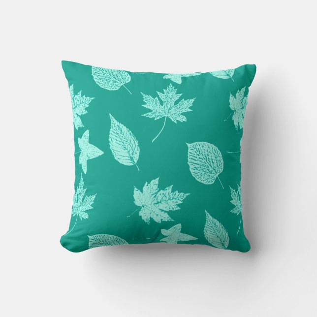 Herfstbladeren - aqua en turquoise kussen (Voorkant)
