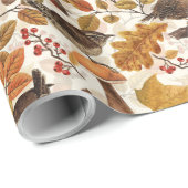 Herfstbladeren, bessen, paddenstoelen en winterkon cadeaupapier (Rol Hoek)