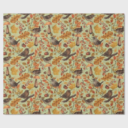 Herfstbladeren, bessen, paddenstoelen en winterkon cadeaupapier (Vlak)