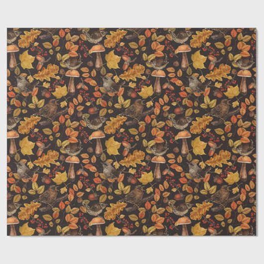 Herfstbladeren, bessen, paddenstoelen en winterkon cadeaupapier (Vlak)