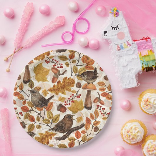 Herfstbladeren, bessen, paddenstoelen en winterkon papieren bordje (Feest)