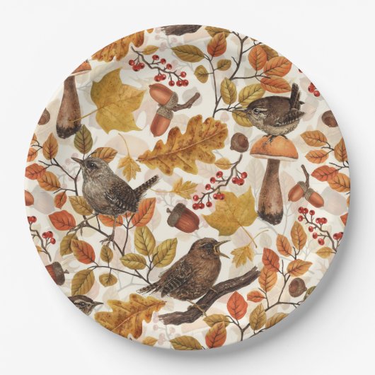 Herfstbladeren, bessen, paddenstoelen en winterkon papieren bordje (Voorkant)