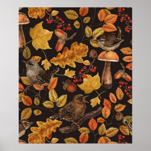 Herfstbladeren, bessen, paddenstoelen en winterkon poster