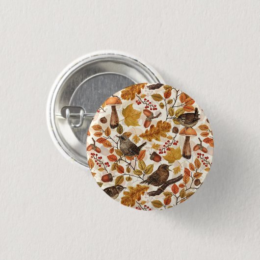 Herfstbladeren, bessen, paddenstoelen en winterkon ronde button 3,2 cm (Voorkant /achterkant)