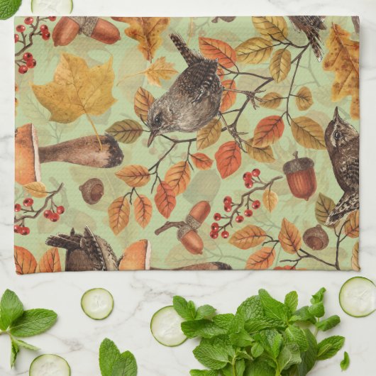 Herfstbladeren, bessen, paddenstoelen en winterkon theedoek (Gevouwen)