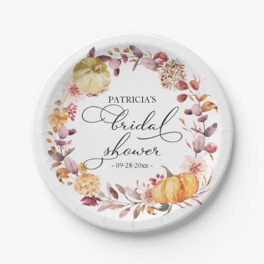 Herfstbladeren Bloemige Pompoen Herfst Bruidsmeisj Papieren Bordje (Voorkant)