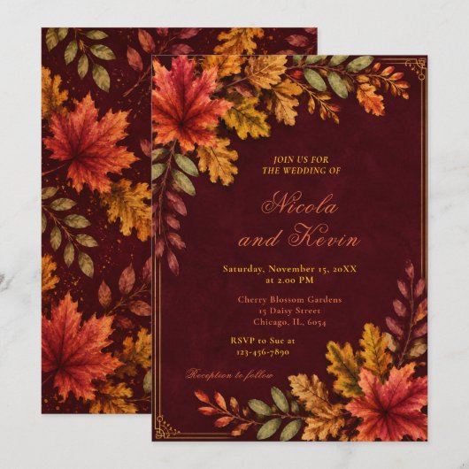 Herfstbladeren Bruiloft Burgundy Kaart (Voorkant / Achterkant)