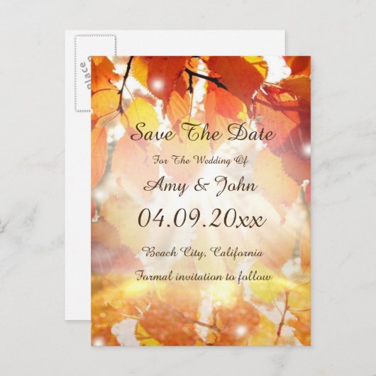 Herfstbladeren Bruiloft Save the Date Briefkaart (Voorkant / Achterkant)