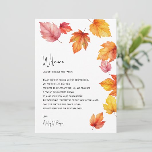 Herfstbladeren bruiloft welkomstbrief en reisschem programmakaart (Staand voorkant)