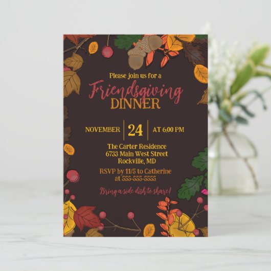Herfstbladeren Eikels Bessen Vriendendankdagdiner Kaart (Staand voorkant)