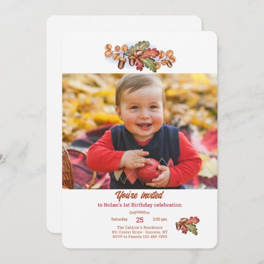 Herfstbladeren en eikels Foto Uitnodiging (Voorkant / Achterkant)