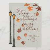 Herfstbladeren en lichten save the date (Voorkant / Achterkant)