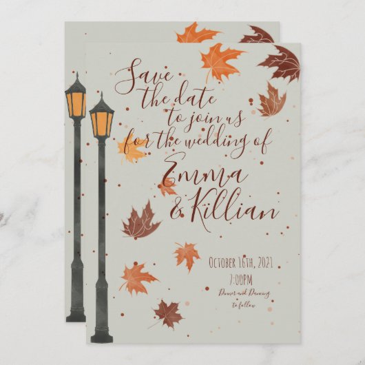 Herfstbladeren en lichten save the date (Voorkant / Achterkant)