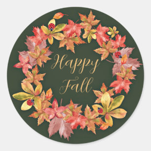 Herfstbladeren en lieveheersbeestjes met aanpasbar ronde sticker