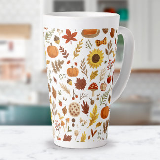 Herfstbladeren en pompoenen in witte Thanksgiving Latte Mok