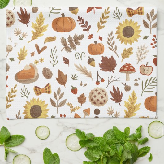 Herfstbladeren en pompoenen in witte Thanksgiving Theedoek (Gevouwen)