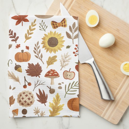 Herfstbladeren en pompoenen in witte Thanksgiving Theedoek (Quarter Fold)