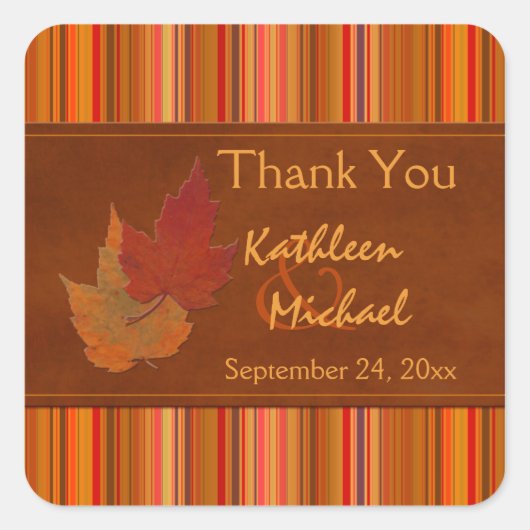 Herfstbladeren en strepen Trouwgunst Sticker (Voorkant)