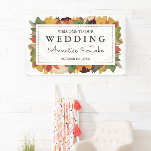 Herfstbladeren en -veren | Welkom op onze bruiloft Spandoek (Insitu)