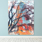 Herfstbladeren en wolkenkrabber canvas afdruk (Insitu (Houten vloer))