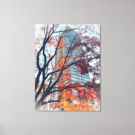 Herfstbladeren en wolkenkrabber canvas afdruk (Voorkant)