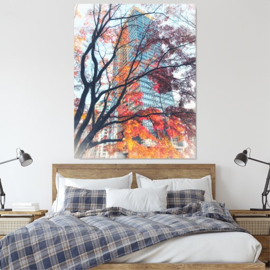 Herfstbladeren en wolkenkrabber canvas afdruk (Insitu (Slaapkamer))