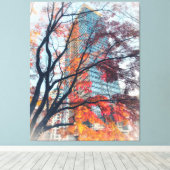 Herfstbladeren en wolkenkrabber canvas afdruk (Insitu (Houten vloer))