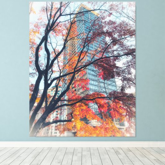 Herfstbladeren en wolkenkrabber canvas afdruk (Insitu (Houten vloer))