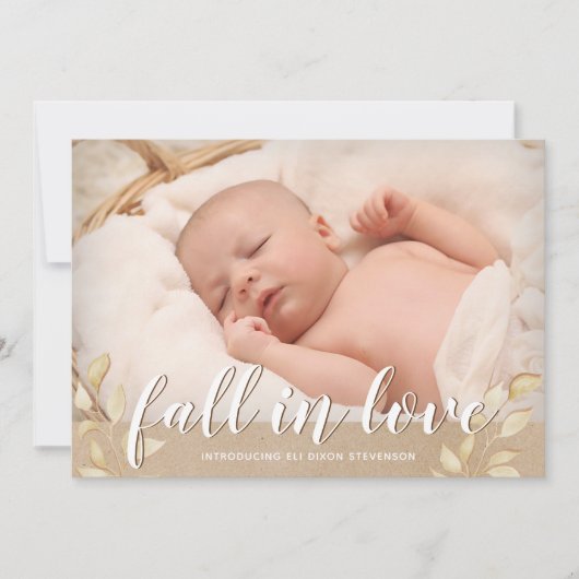 Herfstbladeren "Fall in Love" geboorteaankondiging Bedankkaart (Voorkant)