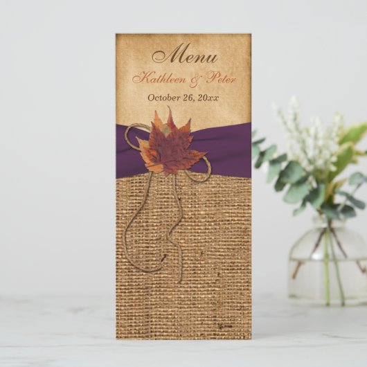 Herfstbladeren, FAUX Burlap Bruiloft Menu Kaart (Staand voorkant)