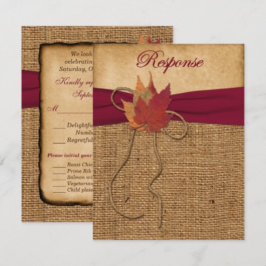 Herfstbladeren, FAUX Burlap RSVP-kaart 3 RSVP Kaartje (Voorkant / Achterkant)